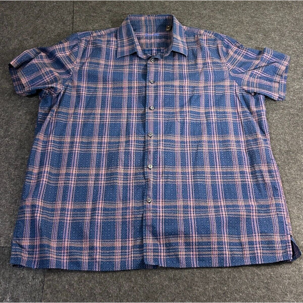 Tasso Elba Blue Short Sleeve Shirt‎ Men's Size 3XL XXL Geometric & Plaid